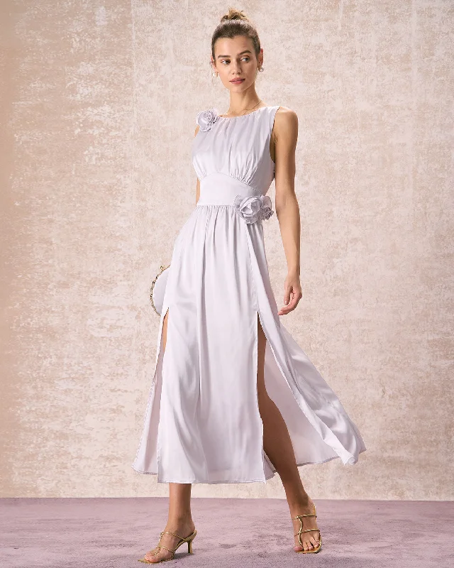Maxi dresses with balloon sleeves for a vintage - inspired styleThe Silver Boat Neck Floral Satin Maxi Dress Maxi dresses with balloon sleeves for a vintage - inspired styleThe Silver Boat Neck Floral Satin Maxi Dress