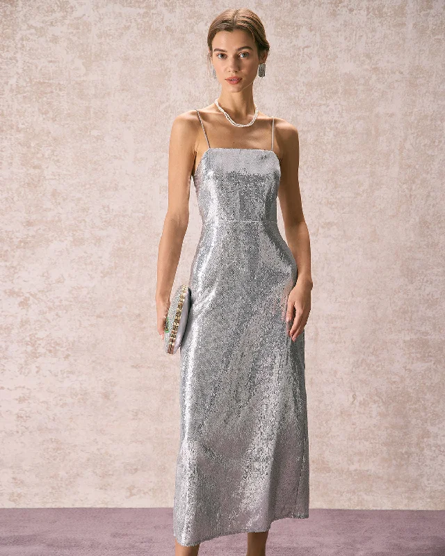 Maxi dresses with a cinched waist for a defined silhouetteThe Silver Sequin Sleeveless Strap Maxi Dress