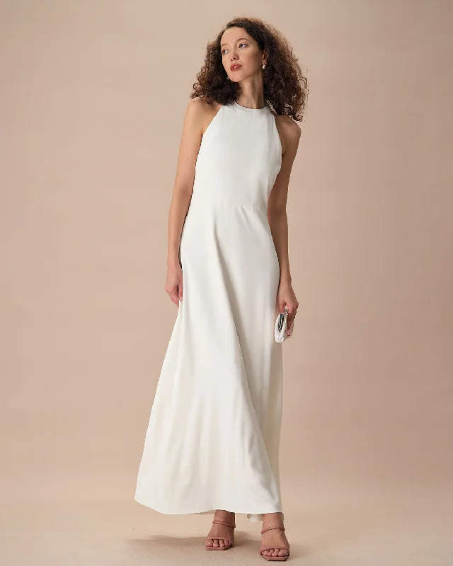 Maxi dresses with balloon sleeves for a vintage - inspired styleThe White Bowknot Halter Maxi Dress