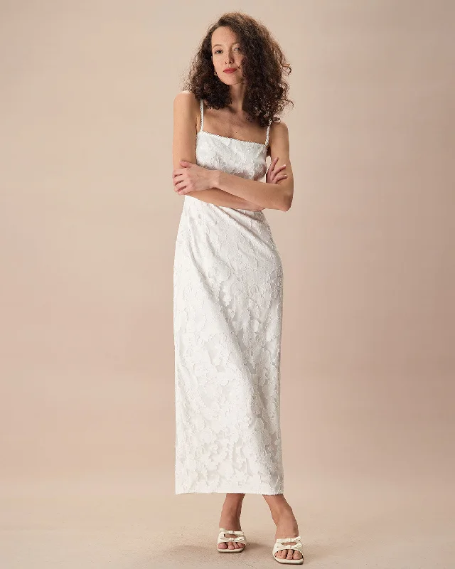 Maxi dresses with a ruffled neckline for a charming lookThe White Square Neck Jacquard Slip Maxi Dress Maxi dresses with a ruffled neckline for a charming lookThe White Square Neck Jacquard Slip Maxi Dress