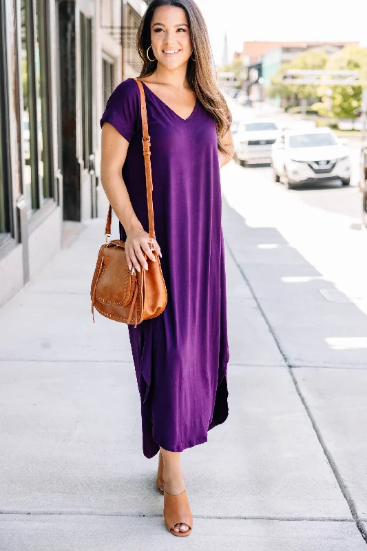 Sheer maxi dresses with lace overlays for a romantic touchThis Is No Dream Plum Purple Maxi Dress