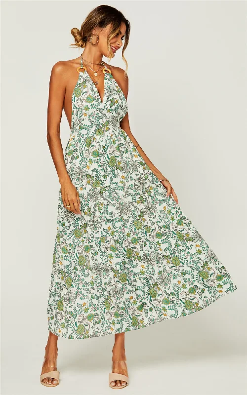 Maxi dresses with an asymmetric hem for a fashion - forward and eye - catching designV Neck Back Tie Detail Maxi Dress In Green Floral Print