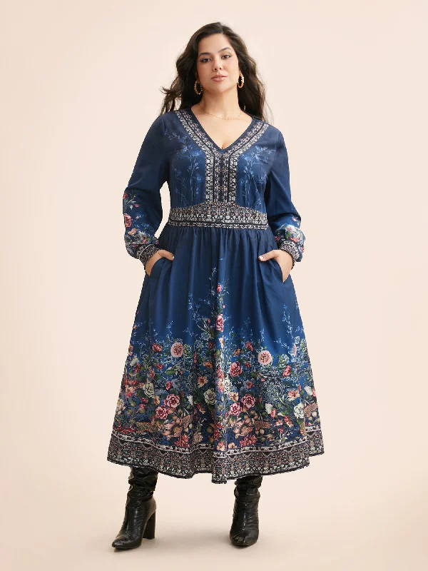 Maxi dresses with a criss - cross back for a flirty and unique detailV Neck Boho Print Shirred Dress