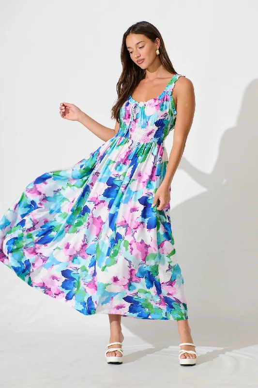 Maxi dresses with beaded embellishments for a fancy and luxurious eventValentina Maxi Sundress In White With Blue Multi Floral Maxi dresses with beaded embellishments for a fancy and luxurious eventValentina Maxi Sundress In White With Blue Multi Floral