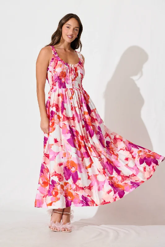 Maxi dresses with a belted empire waist for a more defined and flattering silhouetteValentina Maxi Sundress in White With Pink Multi Floral