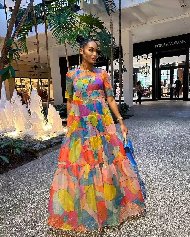 Maxi dresses with pocket details for added functionalityWholesale Fashion Print Women's Clothing Elegant Crew Neck Low Waist Mesh Dresses Maxi Dress Ladies Boutique Clothes