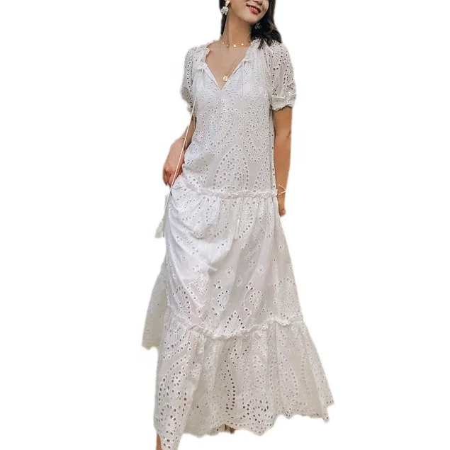 Maxi dresses with a belted empire waist for a more defined and flattering silhouetteWomen Lady Elegant Summer Vestidos Largos Casuales Cotton V Neck  Loose Womens Casual Maxi  Dress With Sleeves