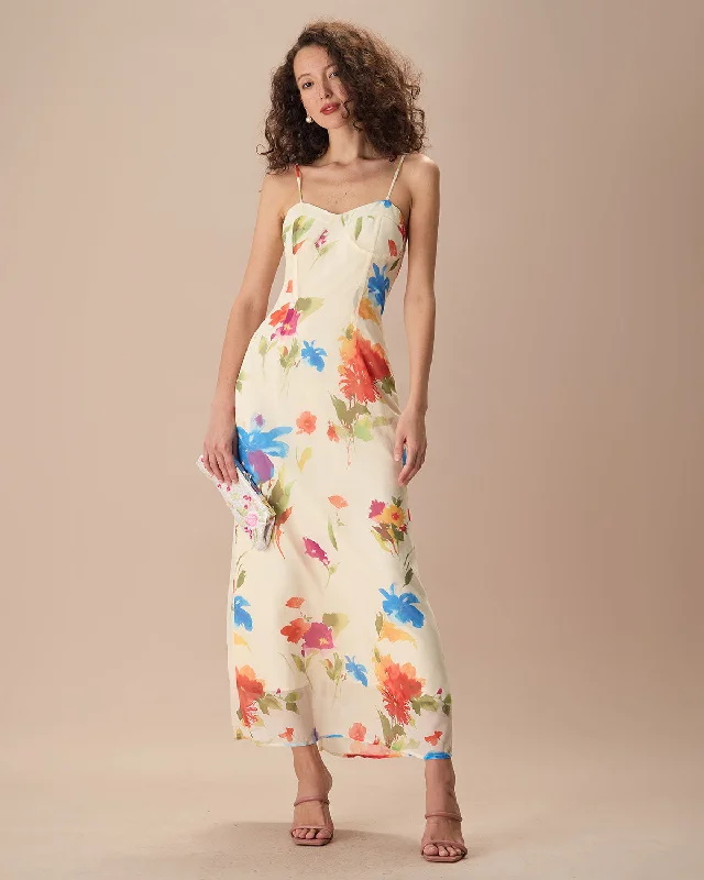 Maxi dresses with fringe trim for a bohemian vibeWomen's Beige Floral Slip Maxi Dress Maxi dresses with fringe trim for a bohemian vibeWomen's Beige Floral Slip Maxi Dress