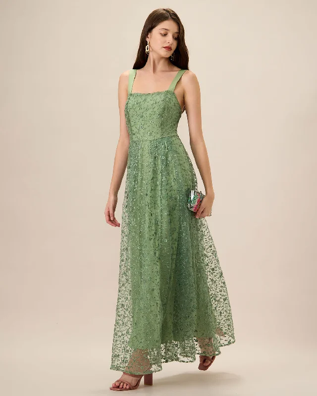 Maxi dresses with beaded embellishments for a fancy and luxurious eventWomen's Green Embroidery Mesh Slip Maxi Dress