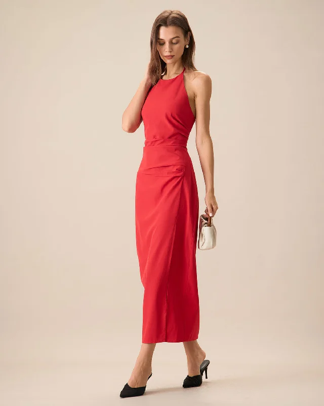 Maxi dresses with a criss - cross back for a flirty and unique detailWomen's Red Shirred Halter Maxi Dress Maxi dresses with a criss - cross back for a flirty and unique detailWomen's Red Shirred Halter Maxi Dress