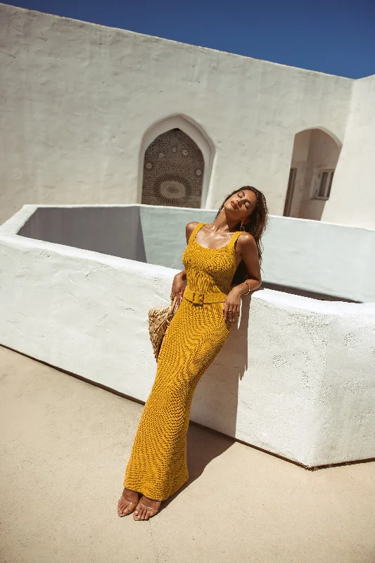 Maxi dresses with thin spaghetti straps for a delicate and feminine feelYellow Moonrise Ribbed Maxi Dress