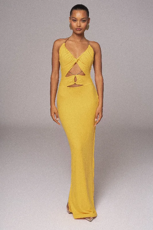 Satin maxi dresses with a high - low hem for a modern twistYellow Secret Bloom Maxi Dress
