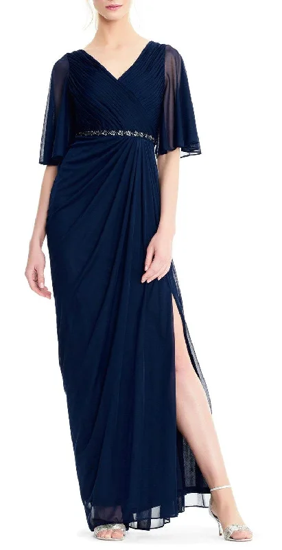 Midi wedding guest dresses in navy blue for a formal affairAdrianna Papell AP1E203824 Short Sleeve Embellished Waist Draped Mesh Dress