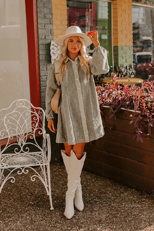 Mini dresses with side slits for a sexy appealAfternoon Date Denim Mini Dress in Sage