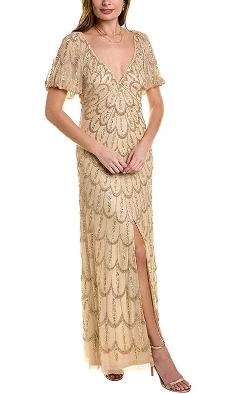 Wedding guest dresses with abstract prints and long trainsAidan Mattox MD1E207203 - V Neck Gold Feather Print Dress