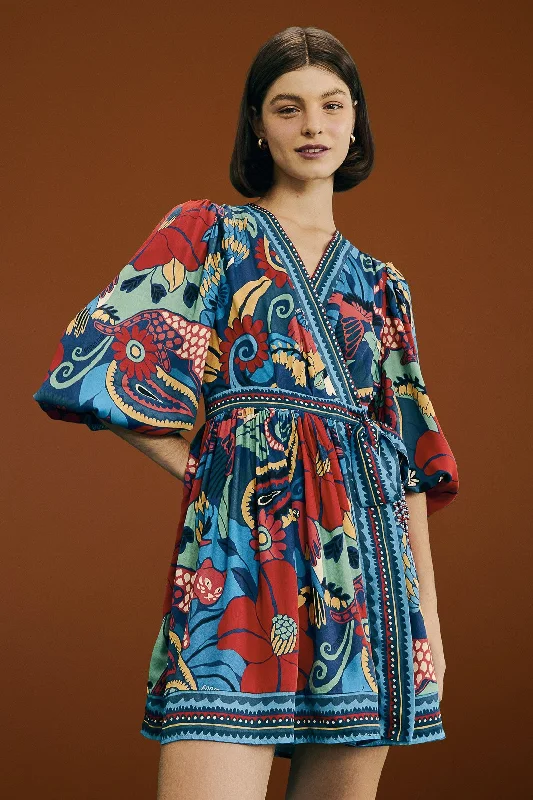 Mini dresses with patchwork designs for a unique styleBlue Vintage Forest Lenzing™ Ecovero™ Viscose Mini Dress
