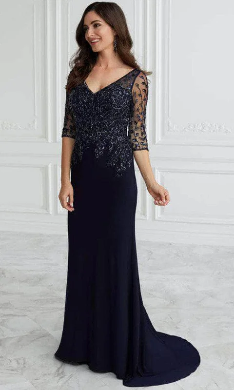 Long - sleeved wedding guest dresses in velvet for a winter weddingChristina Wu Elegance 17099 - V-Neck Sher Quarter Sleeve Long Dress