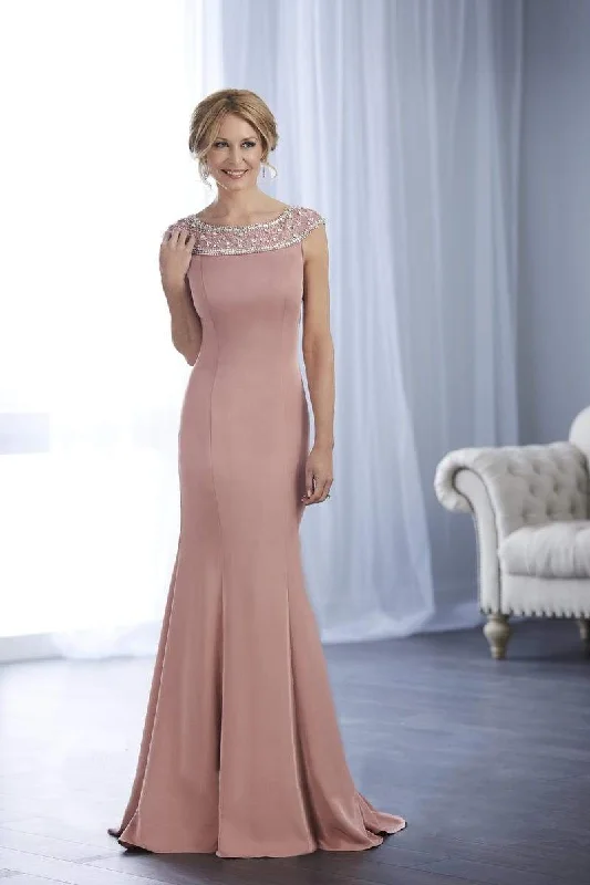 Wedding guest dresses with cold - shoulder ruffled sleeves and knee - length hemsChristina Wu Elegance - Jewel Paneled Bateau Neck Long Gown 17857
