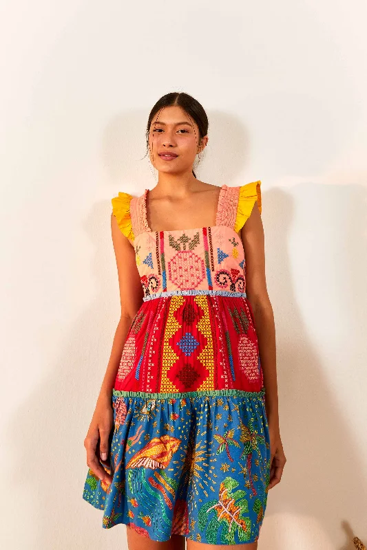 Ruffled mini dresses for a romantic touchColor Block Embroidered Mini Dress