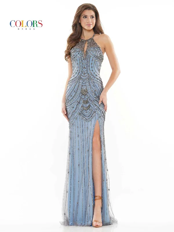 Wedding guest dresses with keyhole backs and flowing fabricsColors 2722 Colors Long Formal Beaded Halter Prom Dress