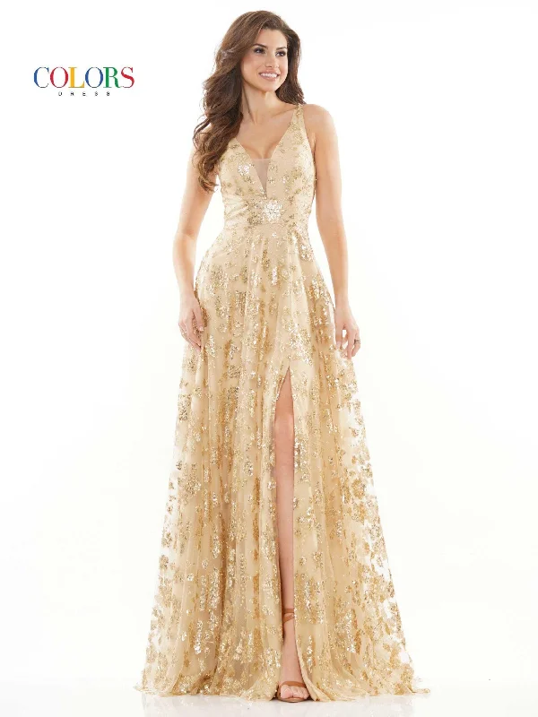Strapless wedding guest dresses with rhinestone - studded bodicesColors 2742 Colors Long Formal Glitter Mesh Prom Dress