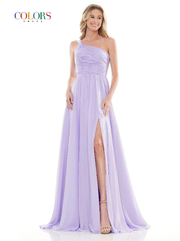 Wedding guest dresses with mesh panels and empire waistsColors 2714 Colors Long One Shoulder Prom Chiffon Dress