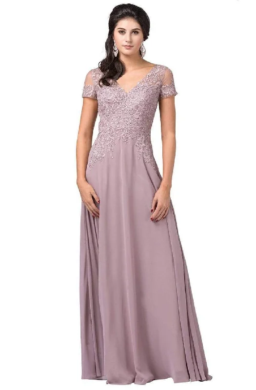 Wedding guest dresses with high - low hems and floral appliquesDancing Queen - 2757 Short Sleeve Jewel Appliqued A-Line Gown