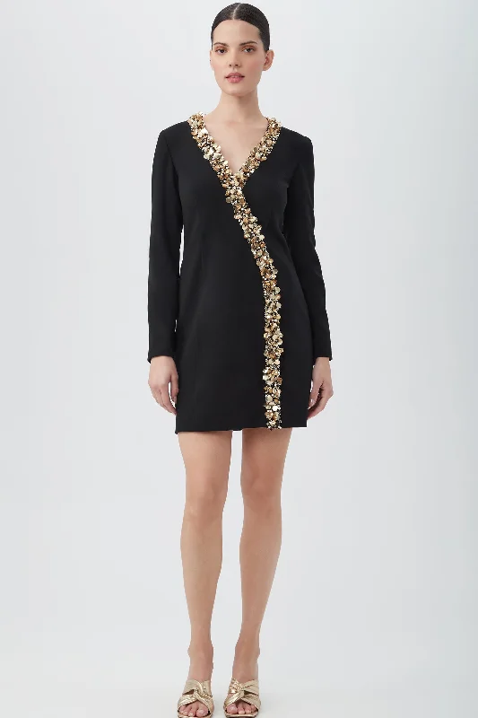 Velvet mini dresses for autumn weddingsDarliah Black Long-Sleeve Cocktail Dress With Gold Trim