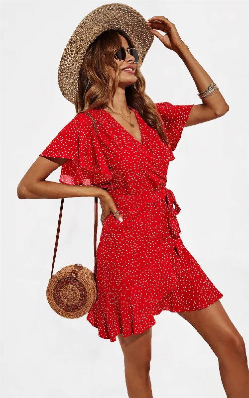 Mini dresses with spaghetti straps for a delicate lookDot Print Wrap Top Dress In Red