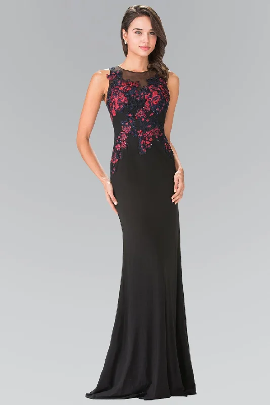 Wrap - style wedding guest dresses with bow accentsElizabeth K - GL2238 Bead Embellished Jewel Neck Gown
