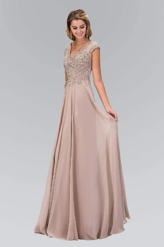 Ruffled - sleeve wedding guest dresses in light blue for a spring weddingElizabeth K - GL2119 Bead Embellished V-Neck Chiffon Gown