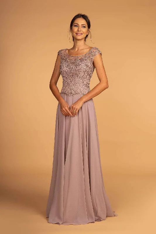 Lace - trimmed wedding guest dresses in blush pinkElizabeth K GL2523 - Illusion Cap Sleeve Formal Dress