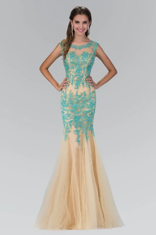 Mini wedding guest dresses with glittery accents for a trendy lookElizabeth K - GL2054 Laced Bateau Neck Trumpet Gown