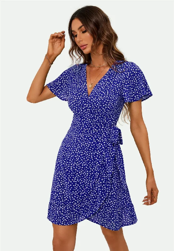 Mini dresses with high - low hems for a modern twistFloral Print Mini Wrap Dress In Blue Mini dresses with high - low hems for a modern twistFloral Print Mini Wrap Dress In Blue