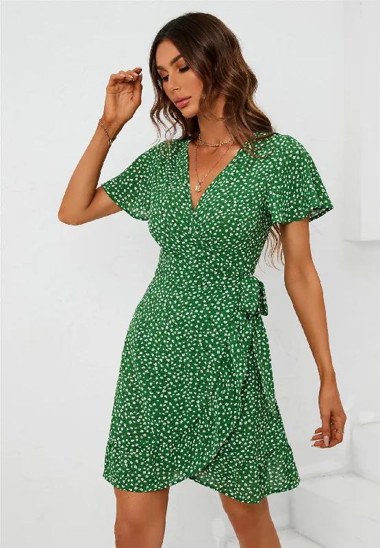 Denim mini dresses with distressed detailsFloral Print Mini Wrap Dress In Green