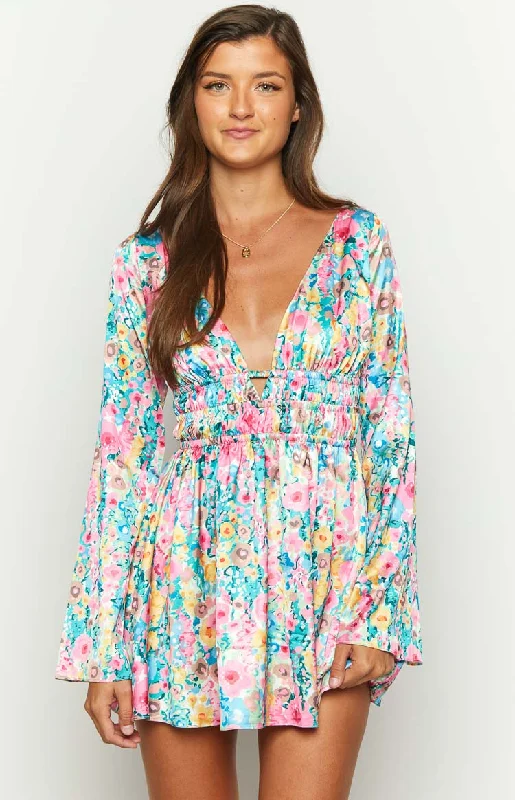 Mini dresses with off - the - shoulder stylesGenovia Floral Long Sleeve Mini Dress