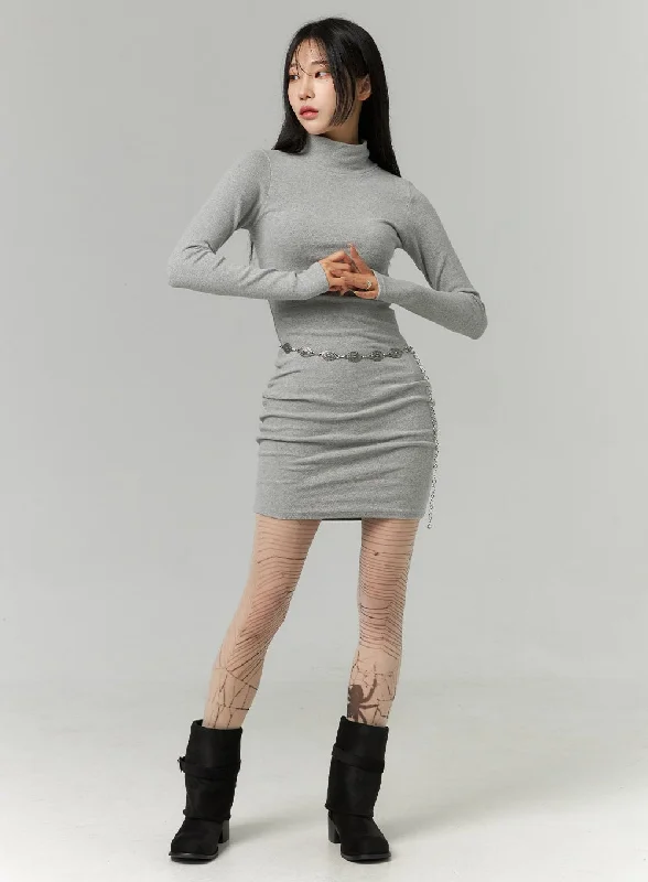 Mini dresses with criss - cross backs for a flirty lookHalf Turtle Neck Mini Dress CN321