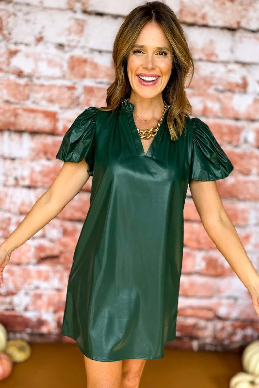Mini dresses with patchwork designs for a unique styleHunter Green Faux Leather V Neck Puff Short Sleeve Dress Mini dresses with patchwork designs for a unique styleHunter Green Faux Leather V Neck Puff Short Sleeve Dress