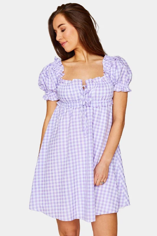 Metallic mini dresses for a glamorous eventJac Puff Sleeve Short Dress - Purple Plaid Metallic mini dresses for a glamorous eventJac Puff Sleeve Short Dress - Purple Plaid
