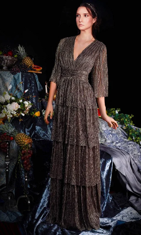 Wedding guest dresses with empire waists and tulle skirtsJanique 210722 - Quarter Length-Sleeve Plunging V-neck Evening Dress