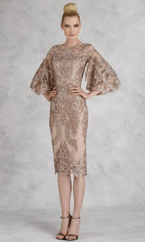 Wedding guest dresses with button - down fronts and A - line silhouettesJanique - W2068 Quarter Tulip Sleeves Lace Appliqued Sheath Dress