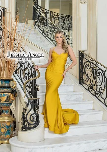 Cotton wedding guest dresses with smocked details for a casual weddingJessica Angel Spaghetti Strap Long Formal Gown 813