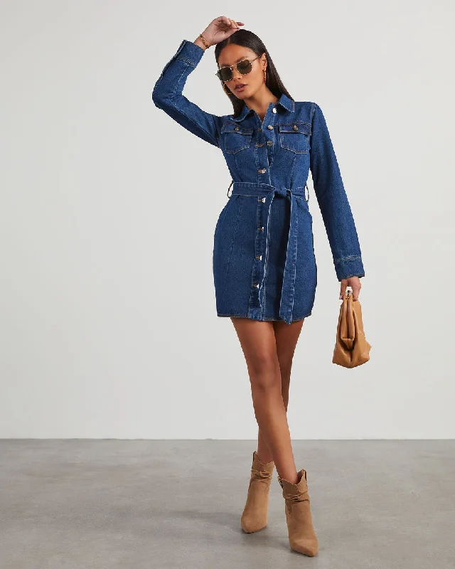 Printed mini dresses for a casual day outJoannie Denim Tie Waist Mini Dress