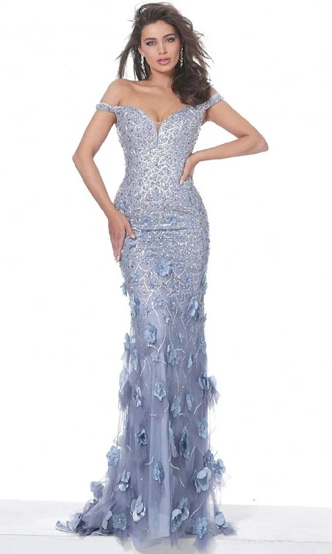 Satin wedding guest dresses with side slits for a sexy touchJovani - 03191 Floral Appliques Off Shoulder Fitted Evening Dress