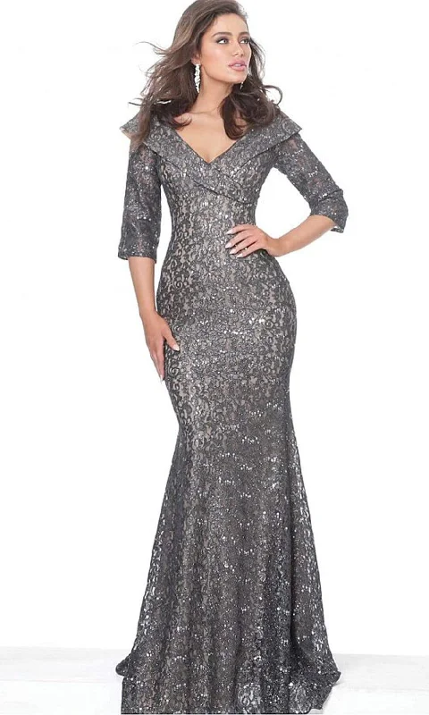 Embroidered wedding guest dresses in earthy tones for a rustic weddingJovani - 03426 Lace Wide V-Neck Trumpet Dress