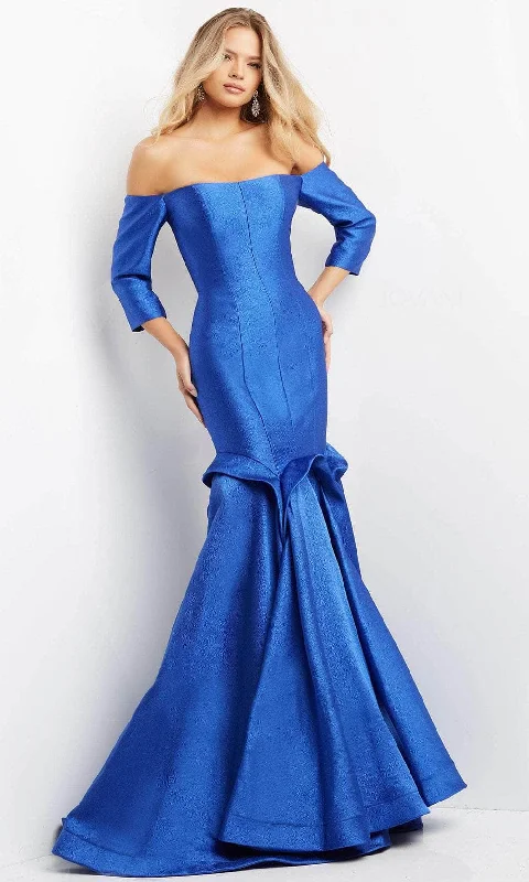 Printed wedding guest dresses with tropical motifs for beach weddingsJovani 03666 - Off Shoulder Trumpet Evening Gown