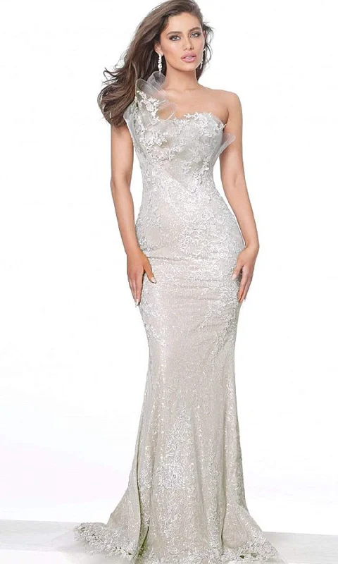 Wedding guest dresses with fringe accents for a bohemian - inspired weddingJovani - 03904 Lace Asymmetric Neck Trumpet Dress