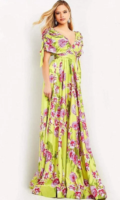 Wedding guest dresses with cold - shoulder ruffled sleeves and knee - length hemsJovani - 04176 Ruched Sleeve Printed Flowy Dress