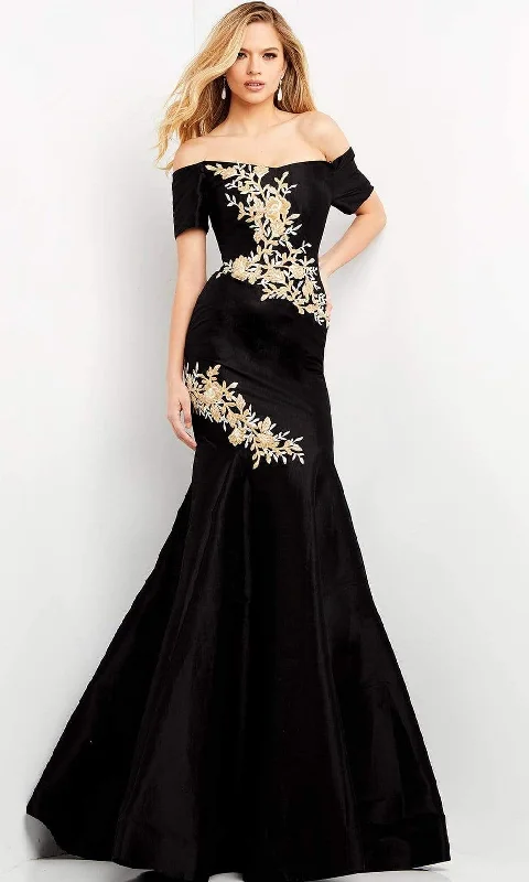 Strapless wedding guest dresses with rhinestone - studded bodicesJovani - 04814 Short Sleeve Off Shoulder Embroidered Trumpet Dress
