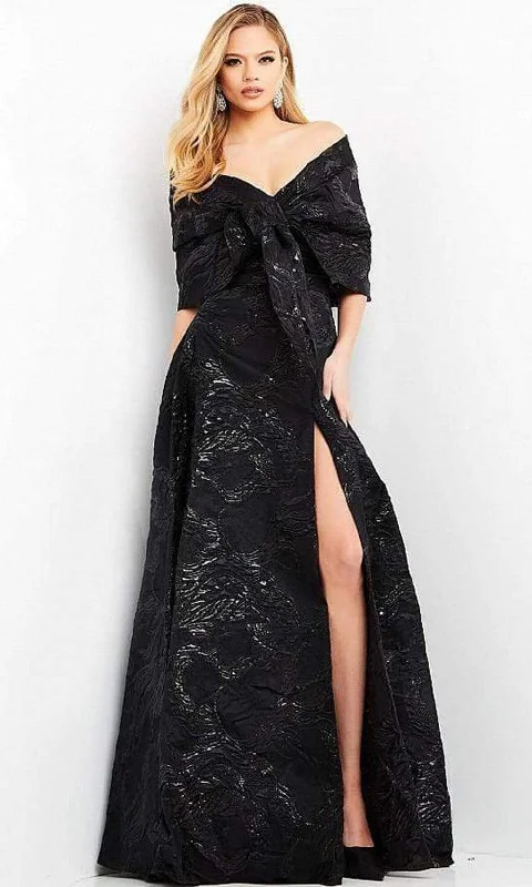 Wedding guest dresses with button - down fronts and A - line silhouettesJovani - 05019 Off Shoulder Jacquard High Slit Gown